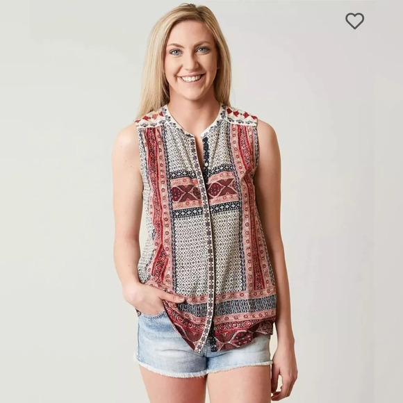 Lucky Brand Boho Printed Button Front Tank Top - Picture 1 of 8